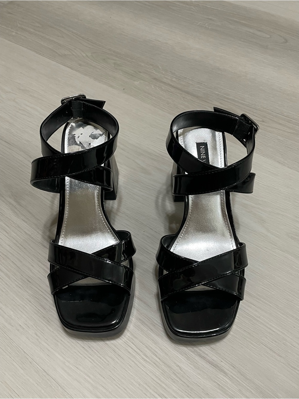 Nine West Black Patent Crisscross Strap Block Heels